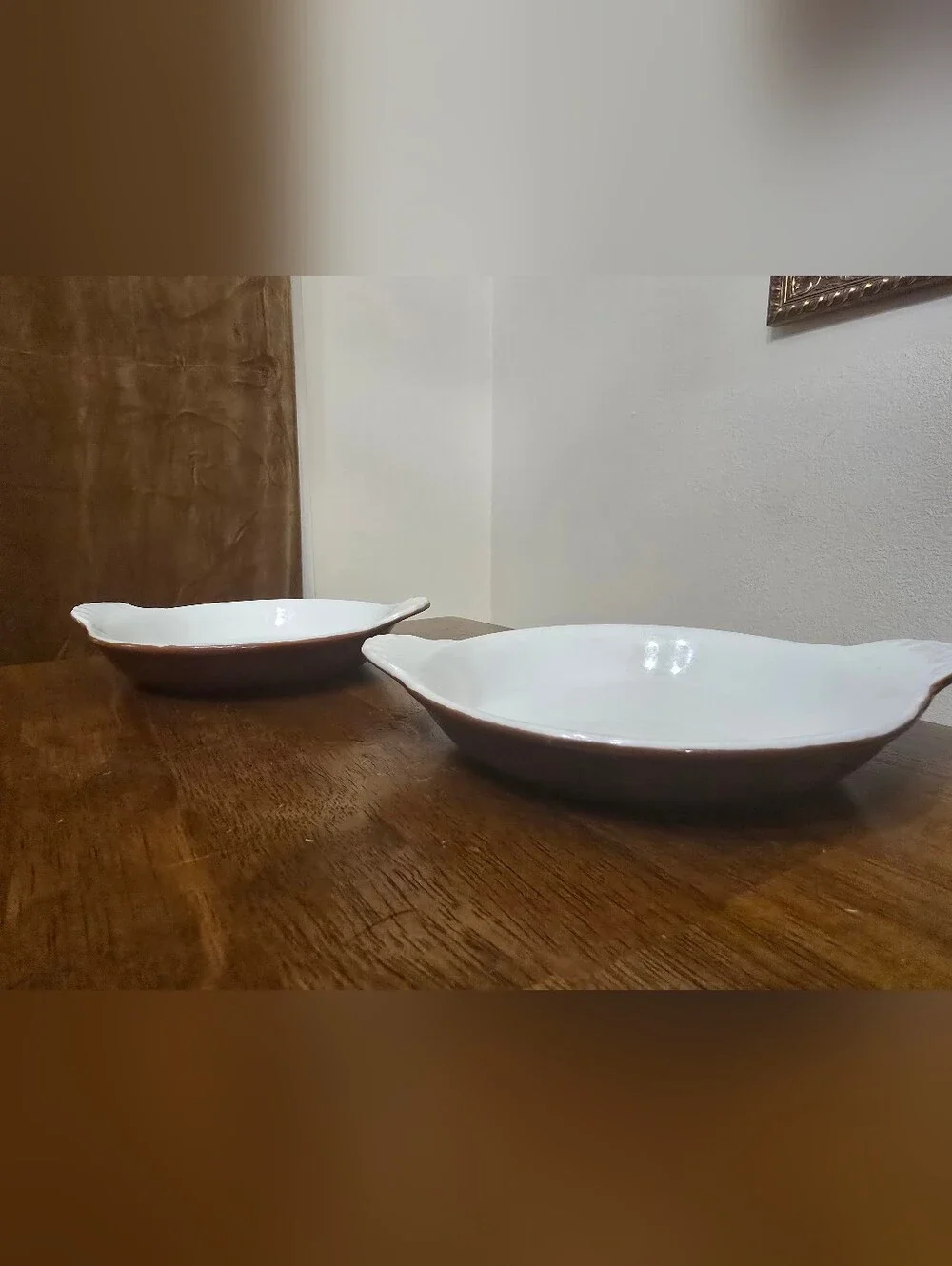 Set of 2 VTG Hall China 433 Oval Scalloped Baker Dishes Brown White Diner Crocks